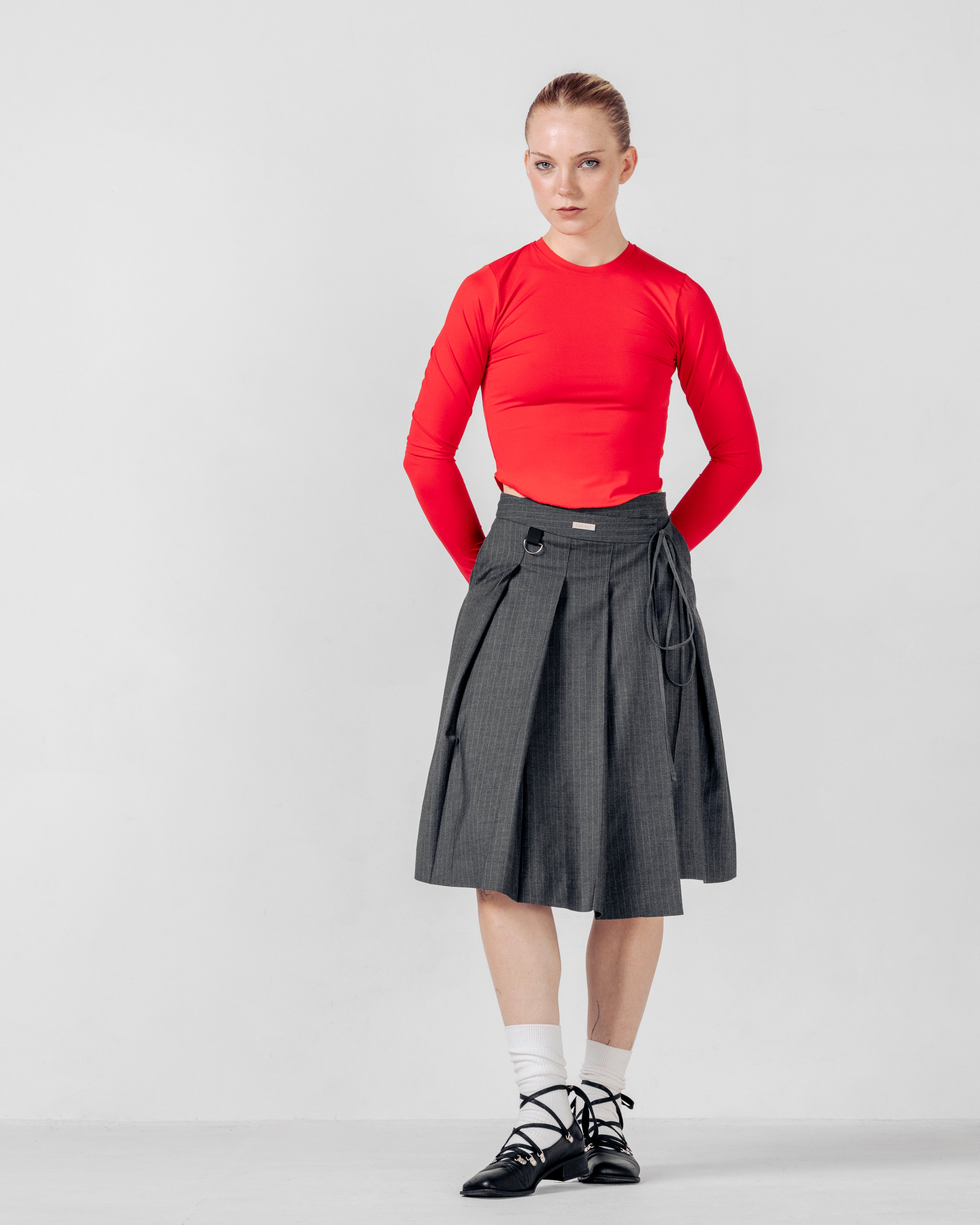 PLEATED SKIRT- Grey Pinstripe