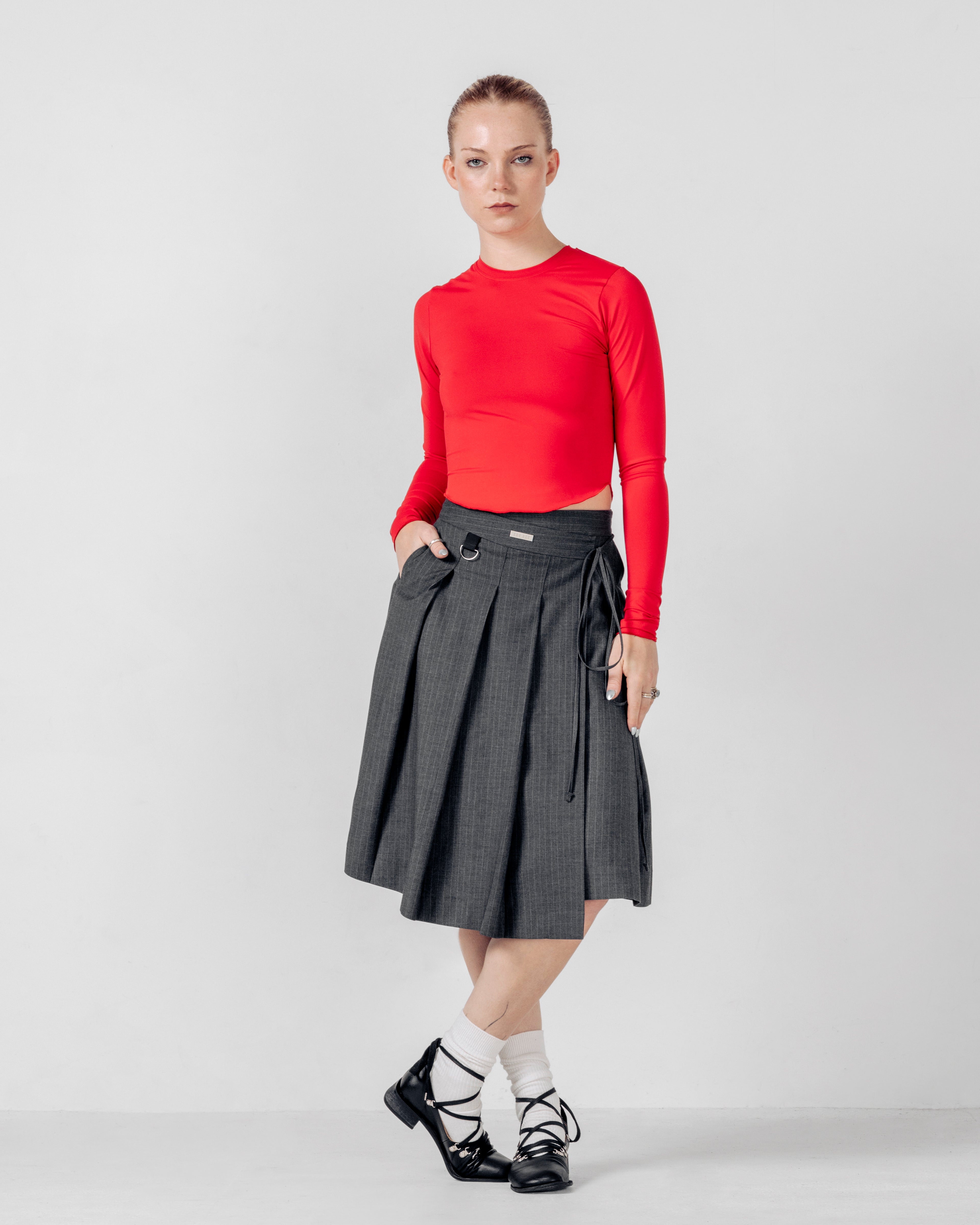 PLEATED SKIRT- Grey Pinstripe