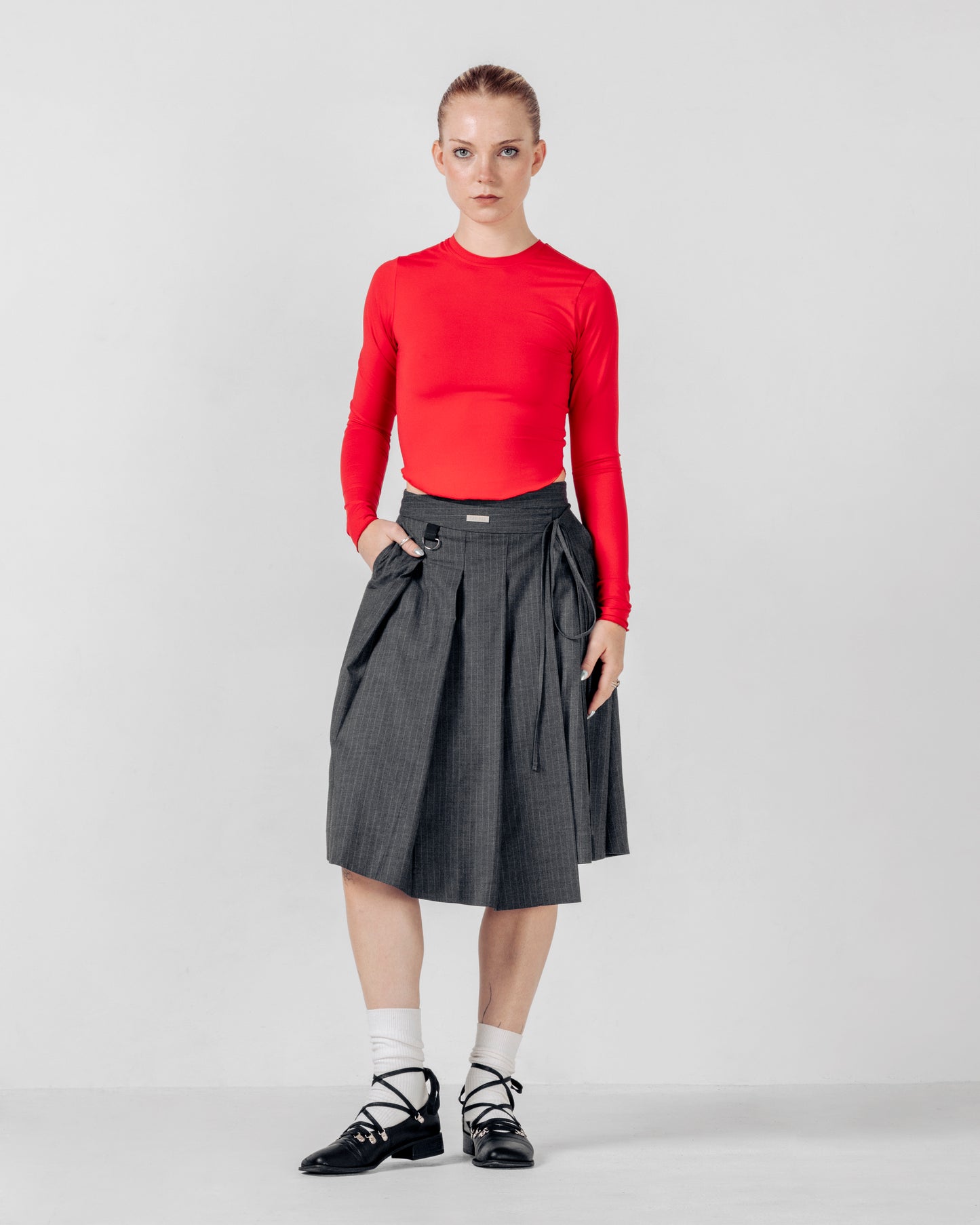 PLEATED SKIRT- Grey Pinstripe