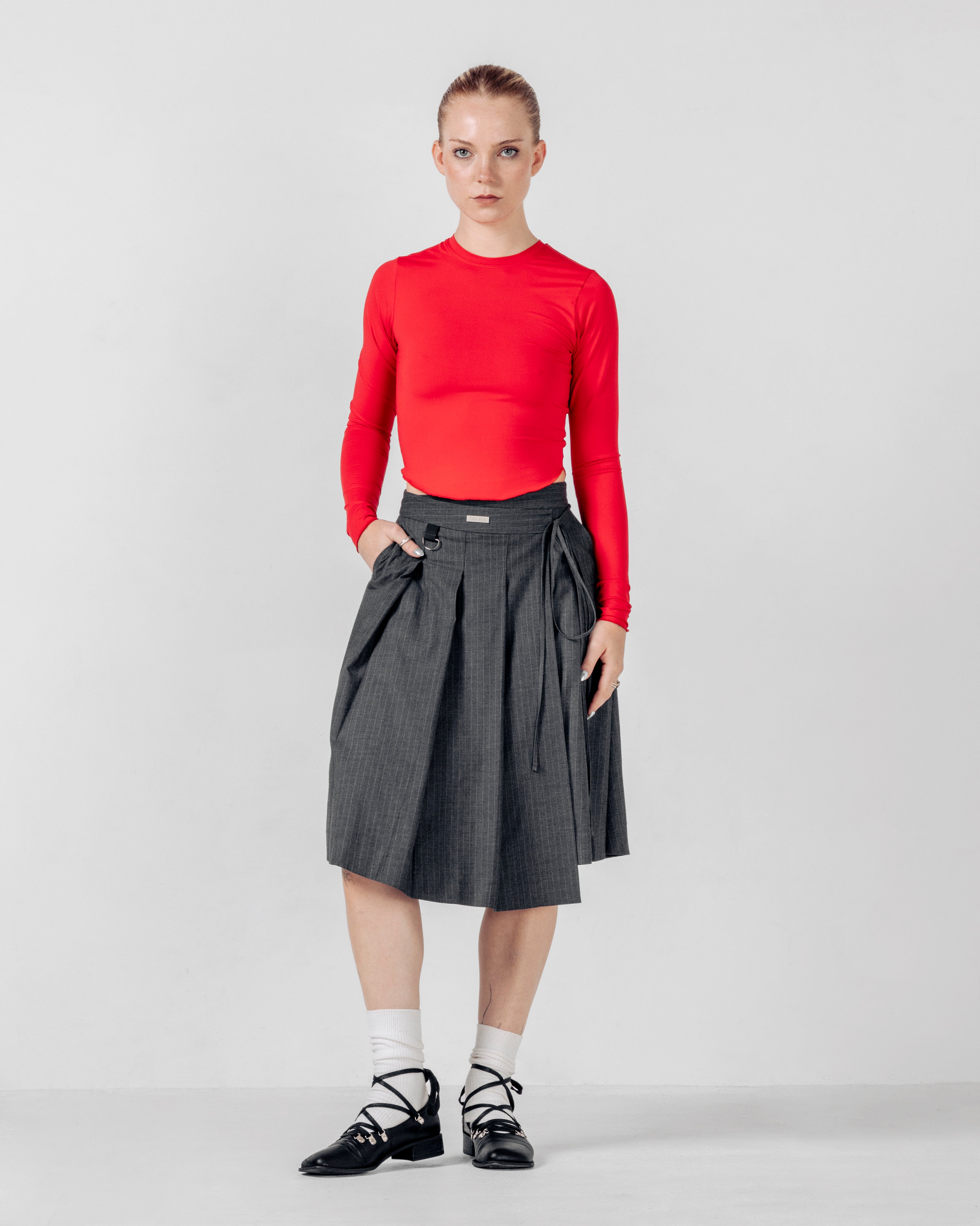 PLEATED SKIRT- Grey Pinstripe