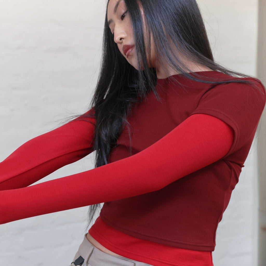 TEA BREAK DOUBLE SLEEVE TEE-Burgundy/Red