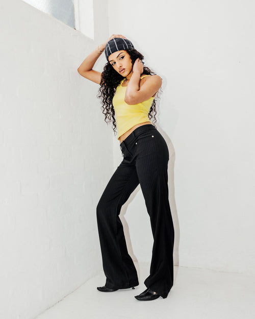 BOOTCUT PANT-BLACK PINSTRIPE