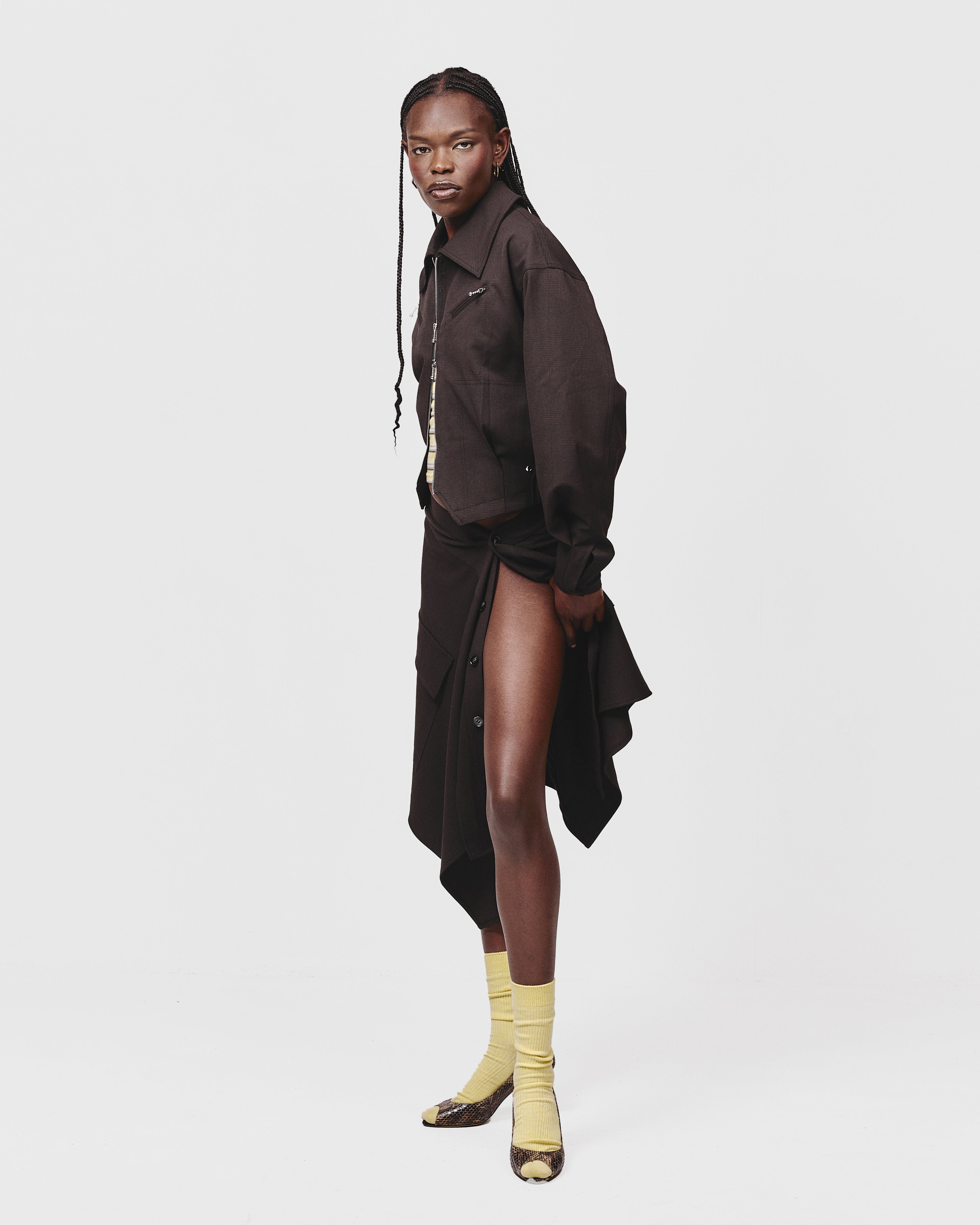 OFF SET WRAP SKIRT- Chocolate Plaid
