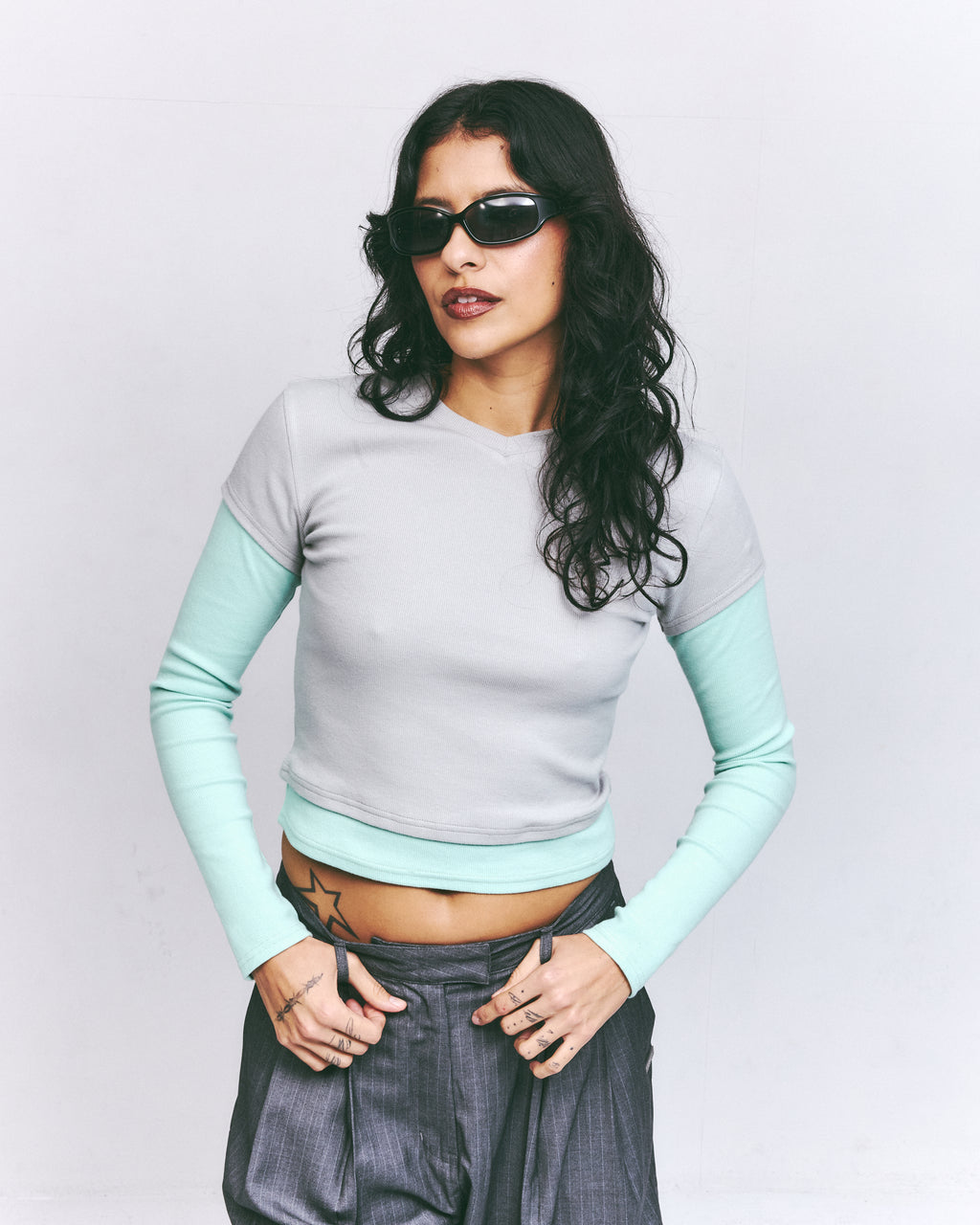 TEA BREAK DOUBLE SLEEVE TEE-Mint/Grey